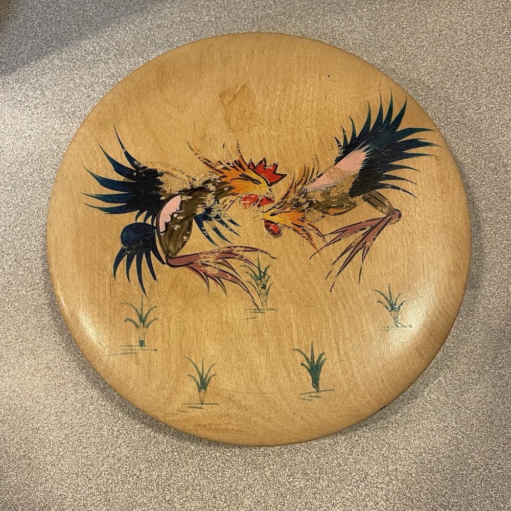Vintage Wooden Roosters Hinged Hamburger Press with Label  Made in Japan 7"